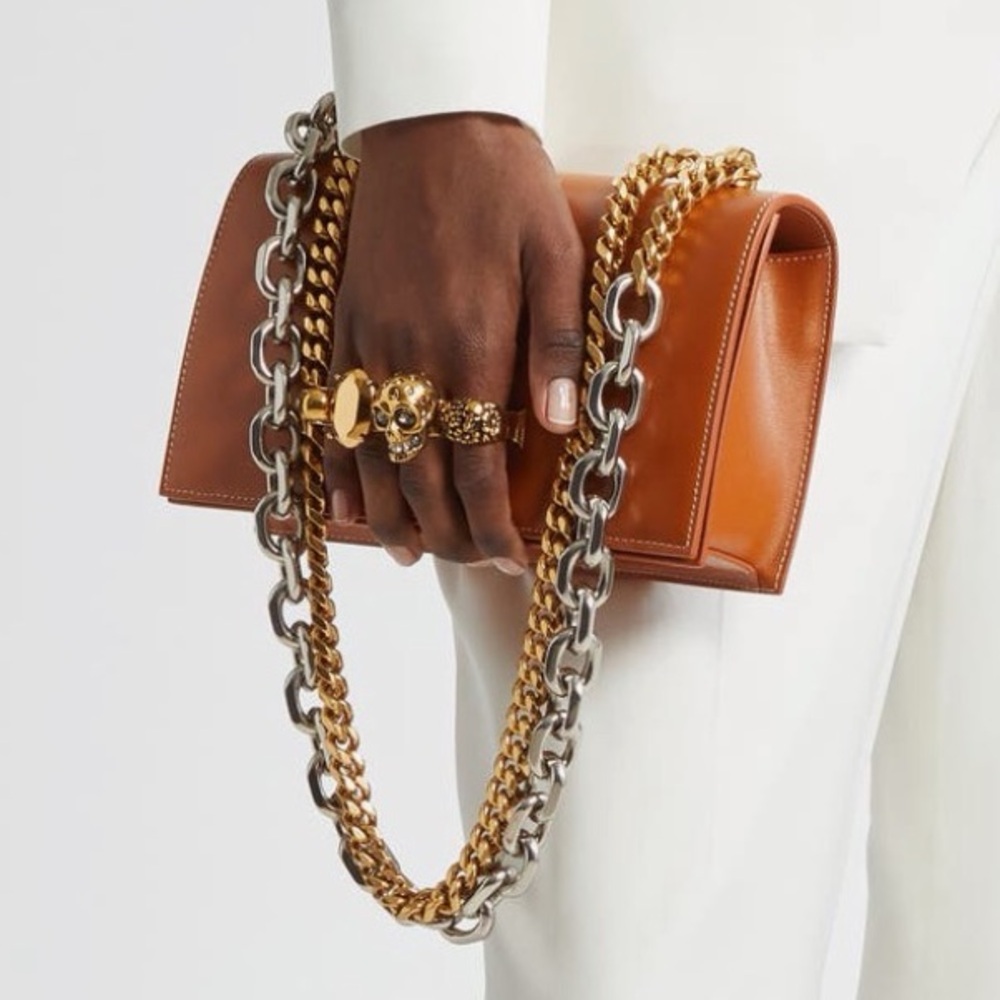 Alexander McQueen Jewelled City Lux Leather Satchel with Silver & Gold Chain